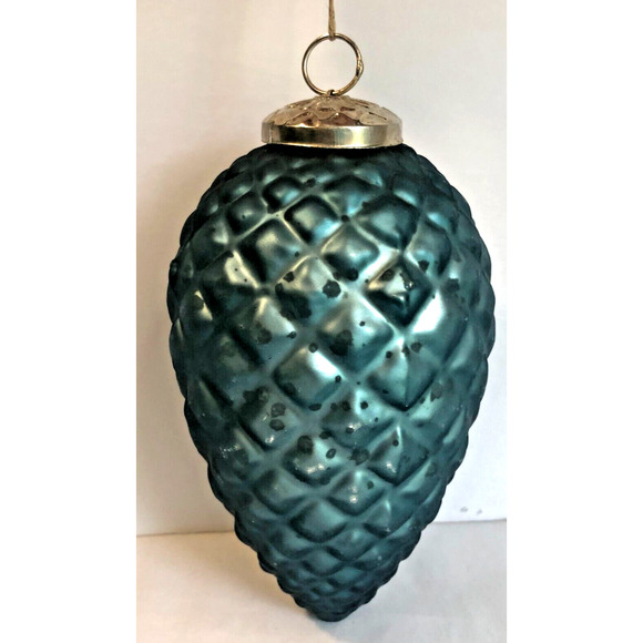 XLarge 6.5" Glass Teal Blue Quilted Pine Cone Christmas Tree Ornament Repro - Picture 1 of 3